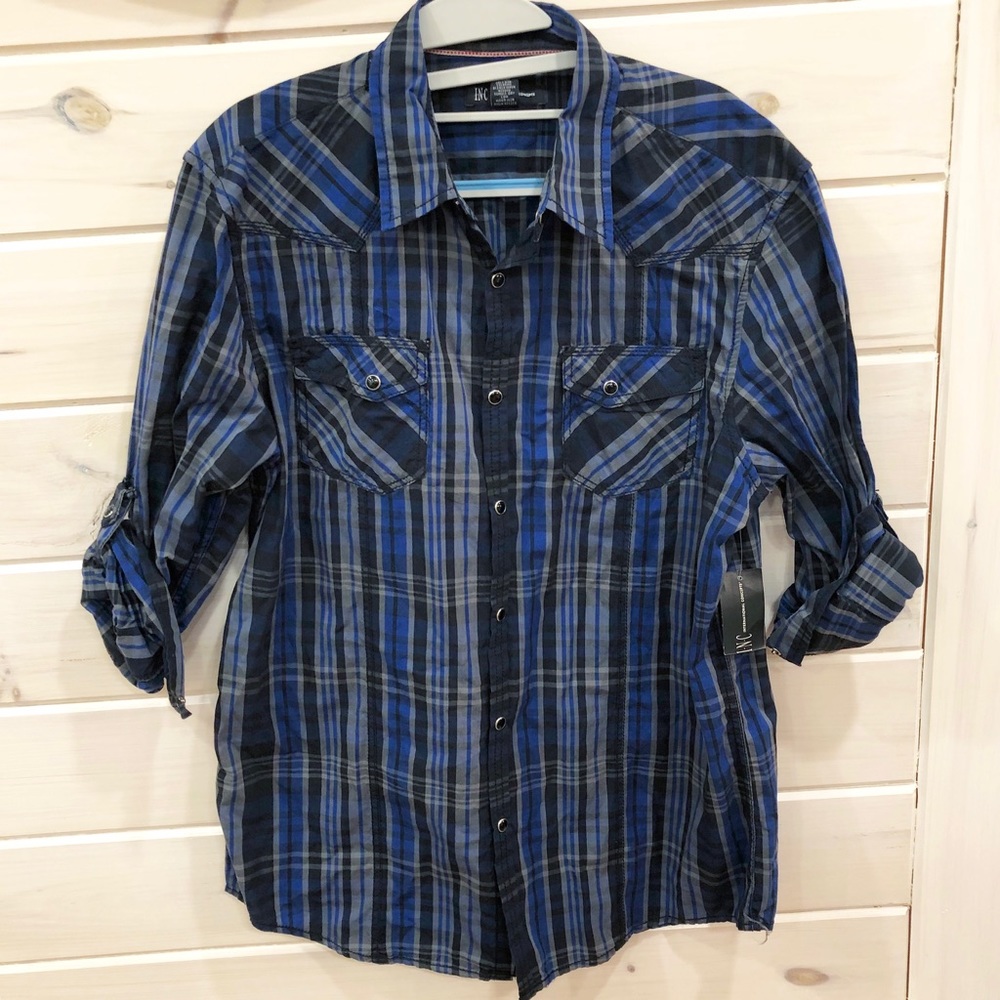 Blue, Black, & Gray Plaid Casual Button-Down Shirt